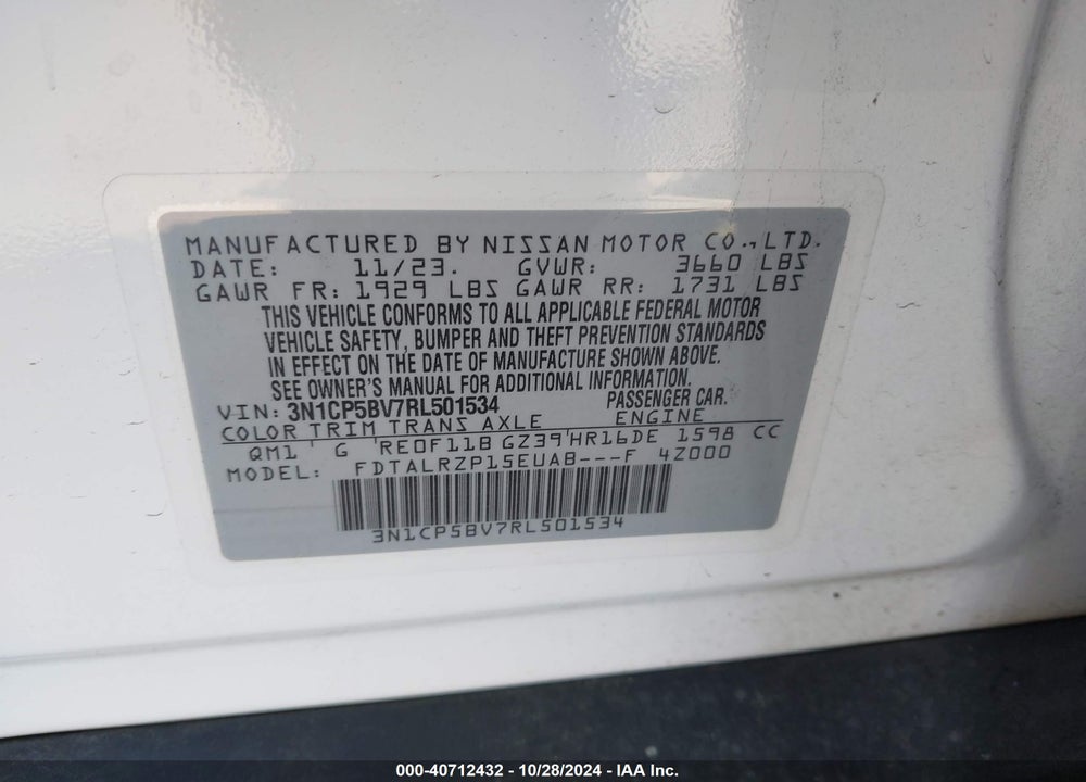 2024 NISSAN KICKS S XTRONIC CVT VIN: 3N1CP5BV7RL501534