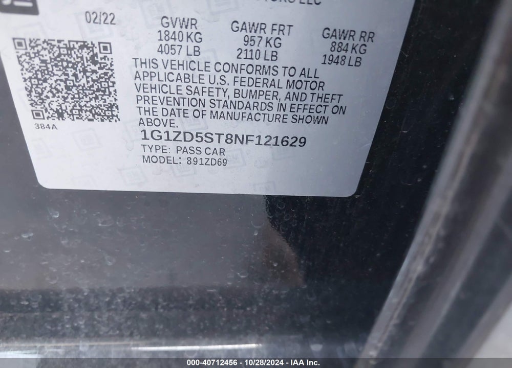2022 CHEVROLET MALIBU VIN: 1G1ZD5ST8NF121629
