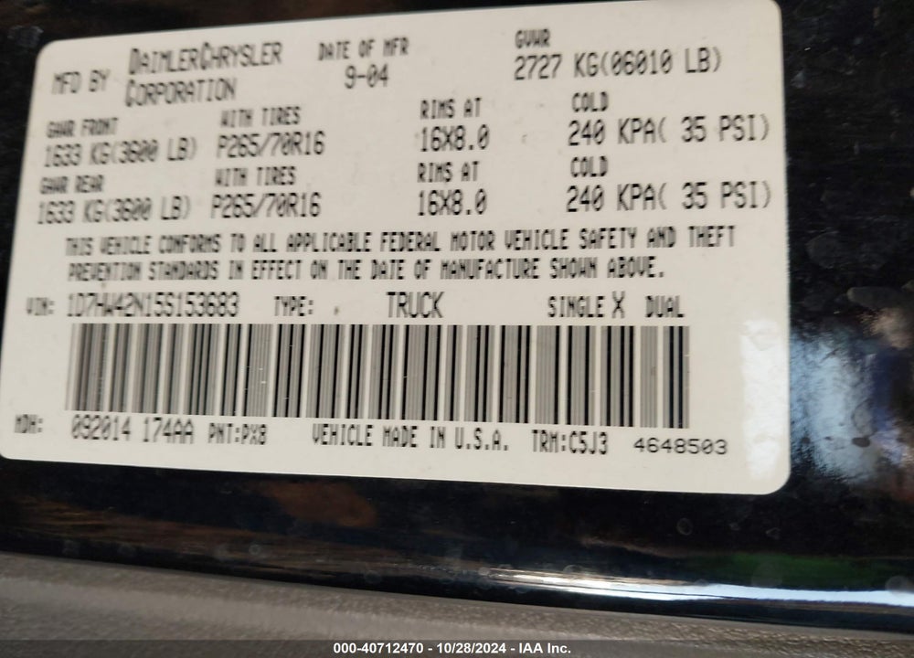 2005 DODGE DAKOTA SLT VIN: 1D7HW42N15S153683