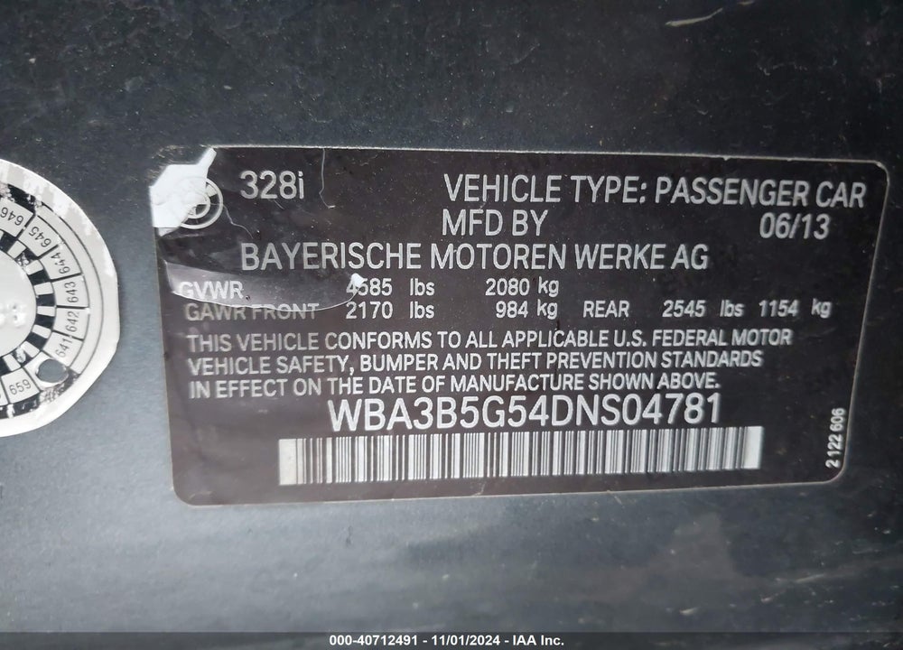 2013 BMW 328I XDRIVE VIN: WBA3B5G54DNS04781