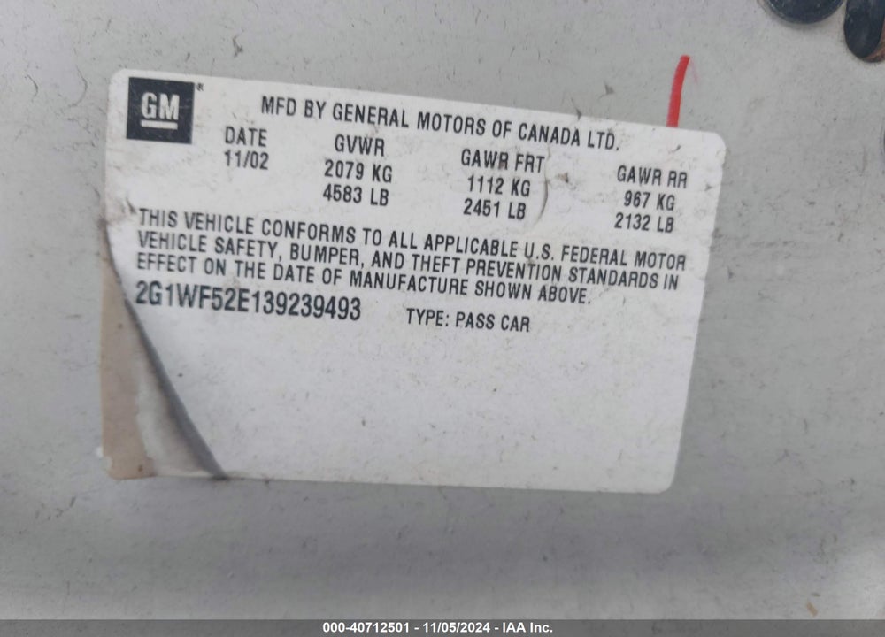 2003 CHEVROLET IMPALA VIN: 2G1WF52E139239493