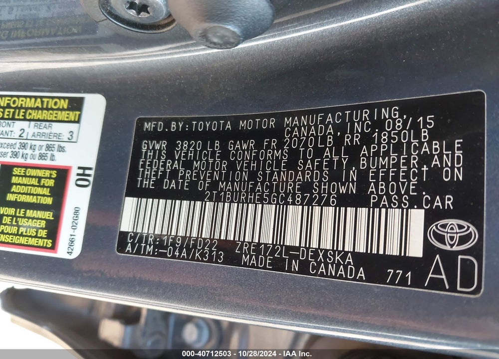 2016 TOYOTA COROLLA S PLUS VIN: 2T1BURHE5GC487276