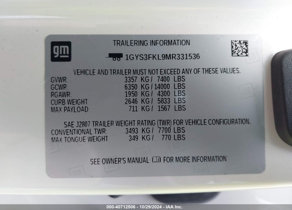 2021 CADILLAC ESCALADE 2WD SPORT VIN: 1GYS3FKL9MR331536