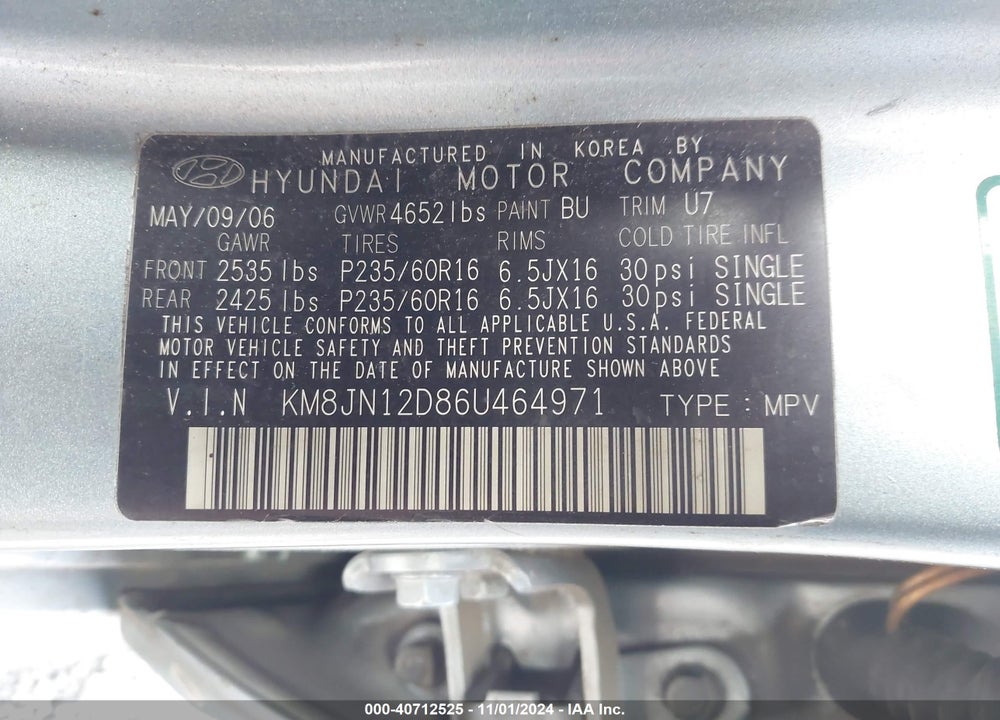 2006 HYUNDAI TUCSON GLS/LIMITED VIN: KM8JN12D86U464971