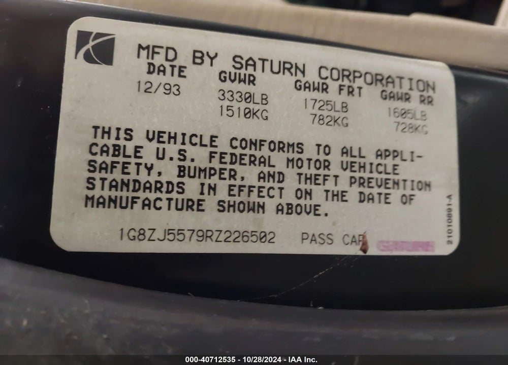 1994 SATURN SL2 VIN: 1G8ZJ5579RZ226502