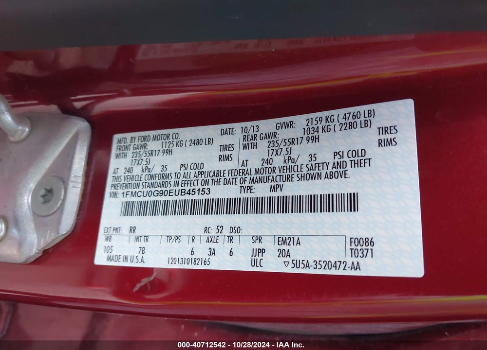 2014 FORD ESCAPE VIN: 1FMCU0G90EUB45153