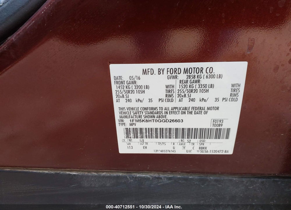 2016 FORD EXPLORER PLATINUM VIN: 1FM5K8HT0GGD26603
