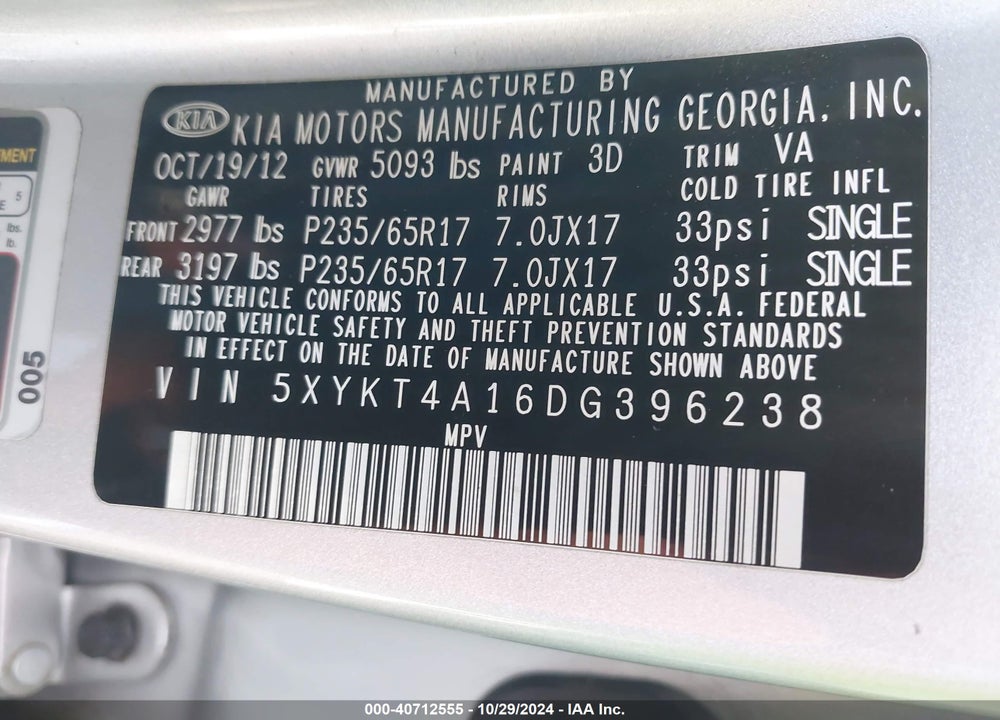 2013 KIA SORENTO LX VIN: 5XYKT4A16DG396238