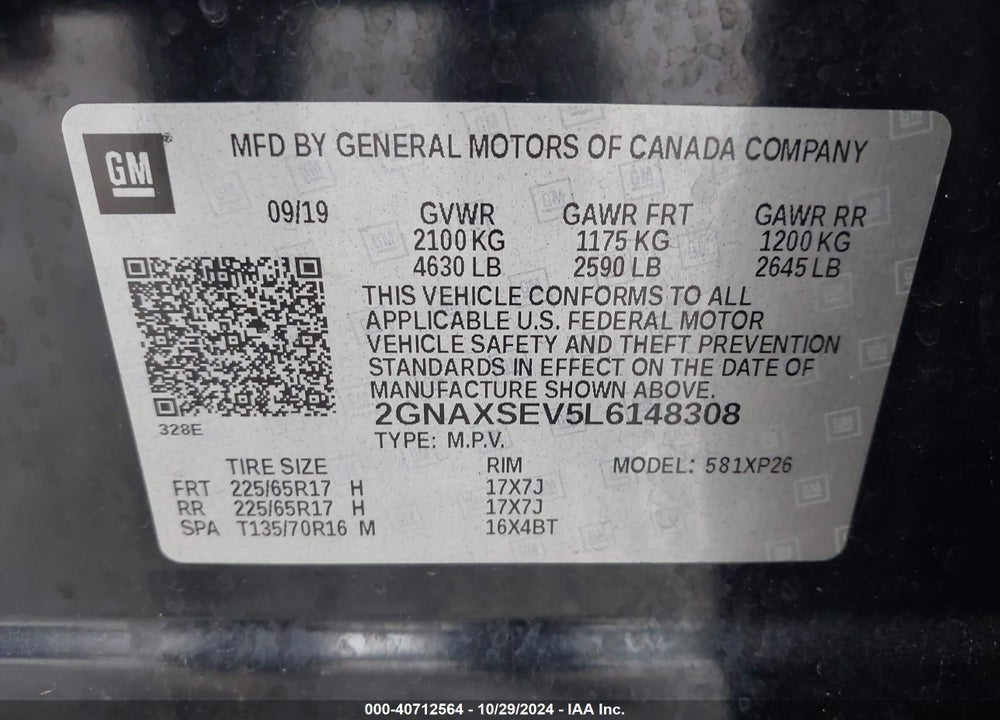 2020 CHEVROLET EQUINOX AWD LS VIN: 2GNAXSEV5L6148308