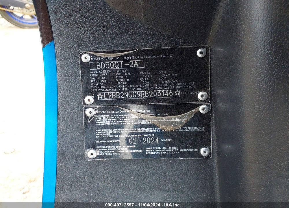 2024 JIANGSU BAODIAO SCOOTER VIN: L2BB2NCC9RB203146
