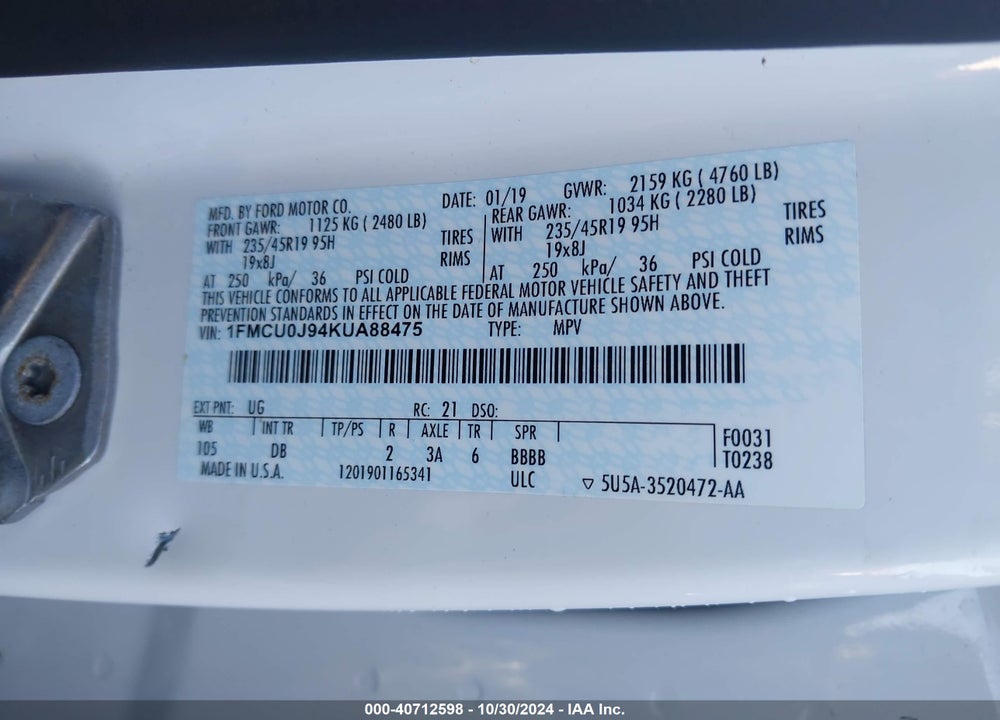 2019 FORD ESCAPE TITANIUM VIN: 1FMCU0J94KUA88475