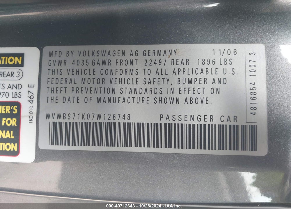 2007 VOLKSWAGEN RABBIT 2-DOOR VIN: WVWBS71K07W126748