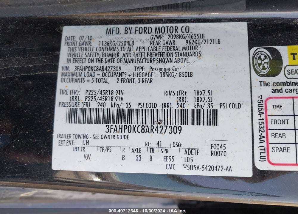 2010 FORD FUSION SPORT VIN: 3FAHP0KC8AR427309