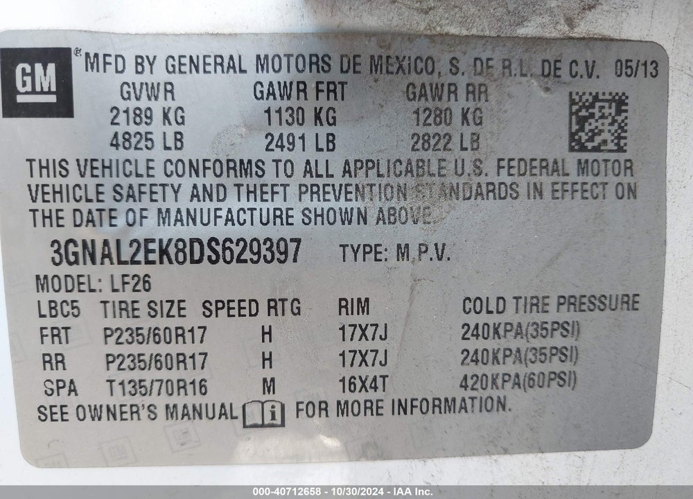 2013 CHEVROLET CAPTIVA SPORT 2LS VIN: 3GNAL2EK8DS629397
