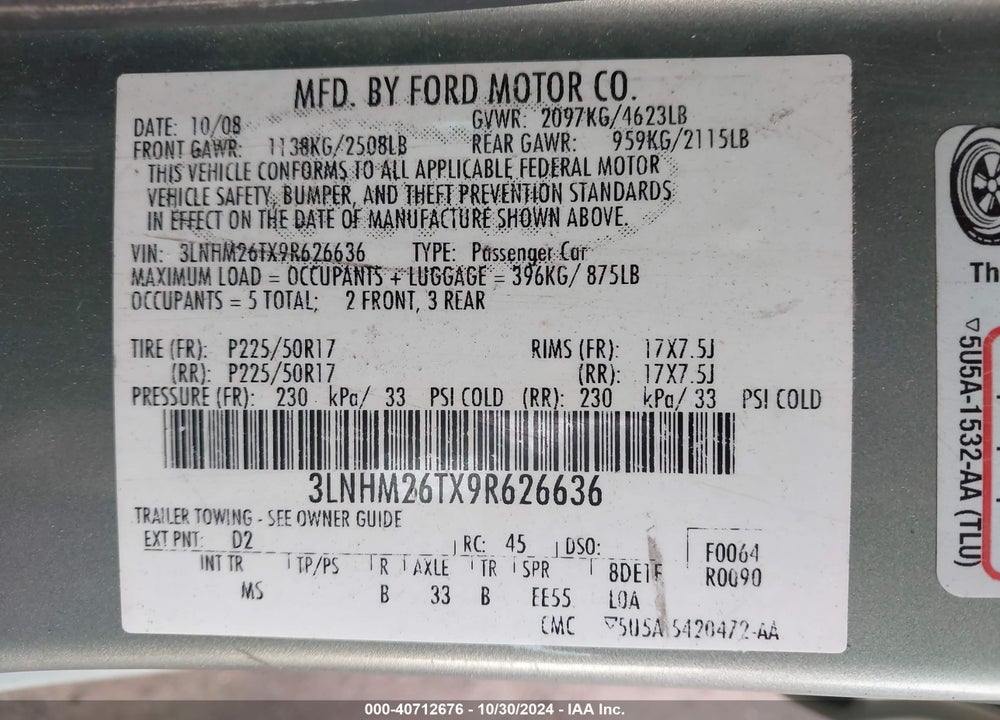 2009 LINCOLN MKZ VIN: 3LNHM26TX9R626636