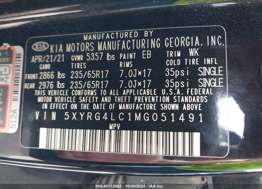 2021 KIA SORENTO LX VIN: 5XYRG4LC1MG051491