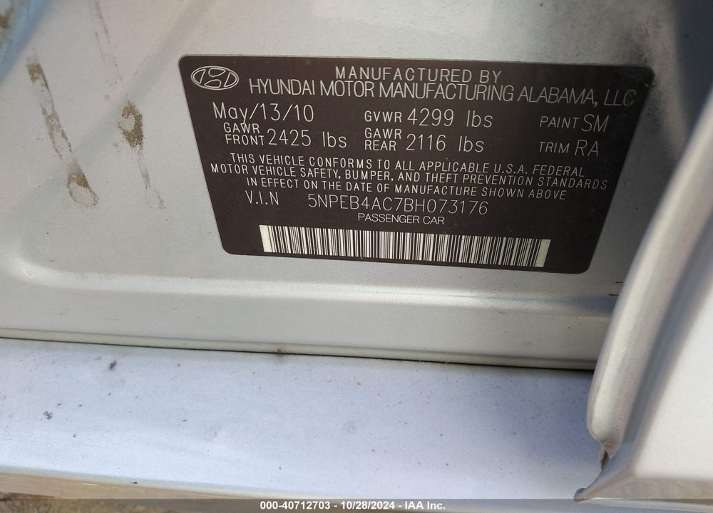 2011 HYUNDAI SONATA GLS VIN: 5NPEB4AC7BH073176