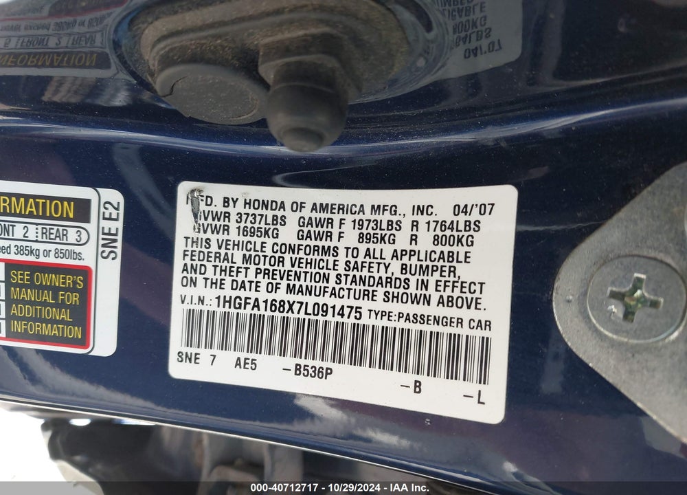 2007 HONDA CIVIC EX VIN: 1HGFA168X7L091475