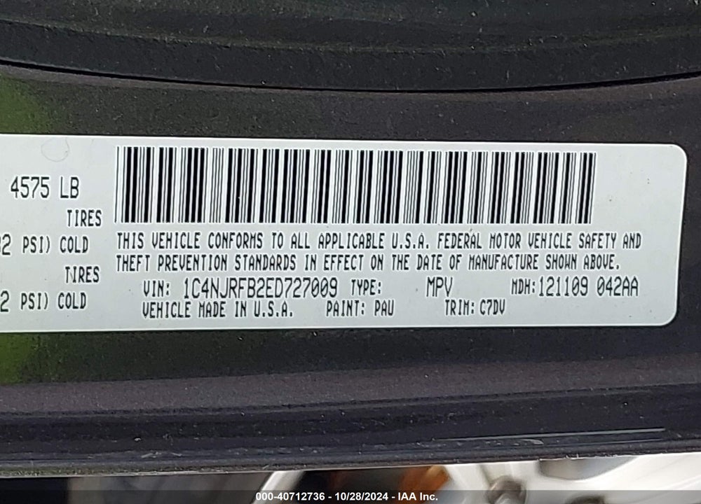 2014 JEEP PATRIOT LATITUDE VIN: 1C4NJRFB2ED727009