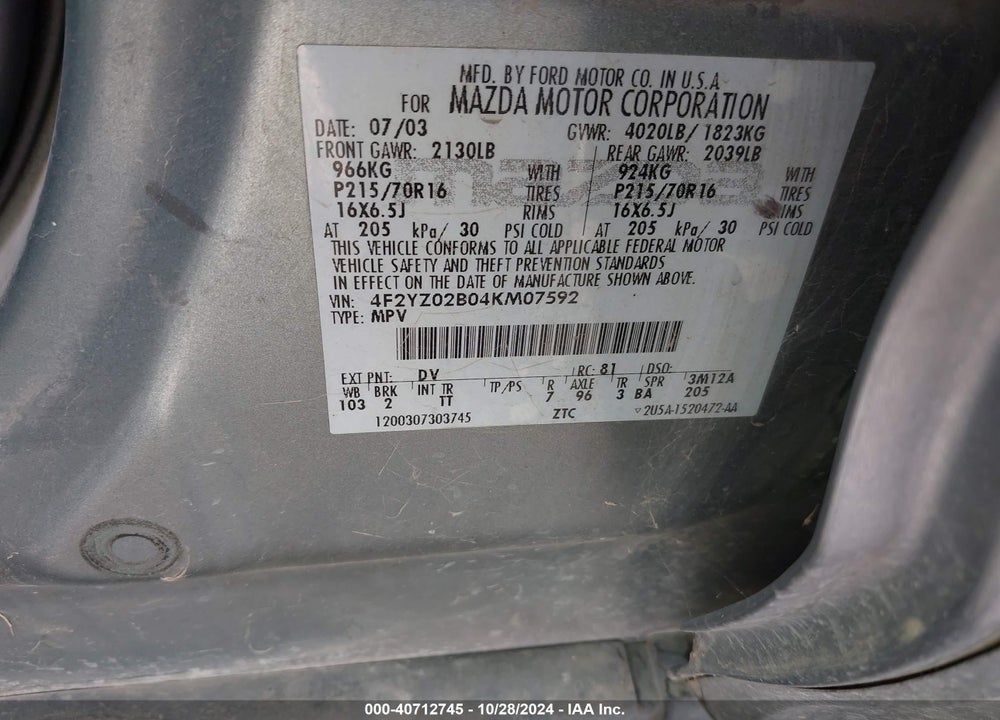 2004 MAZDA TRIBUTE DX VIN: 4F2YZ02B04KM07592