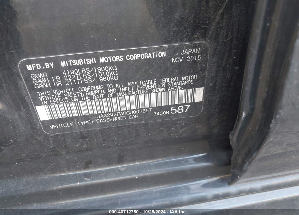 2016 MITSUBISHI LANCER VIN: JA32V2FW2GU002657