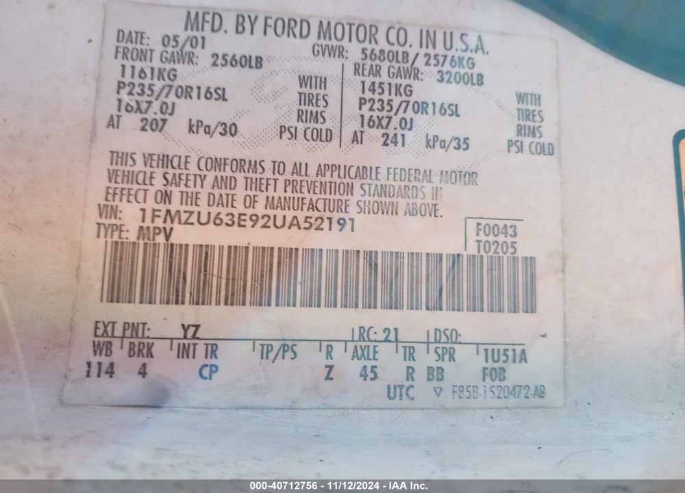 2002 FORD EXPLORER XLT VIN: 1FMZU63E92UA52191