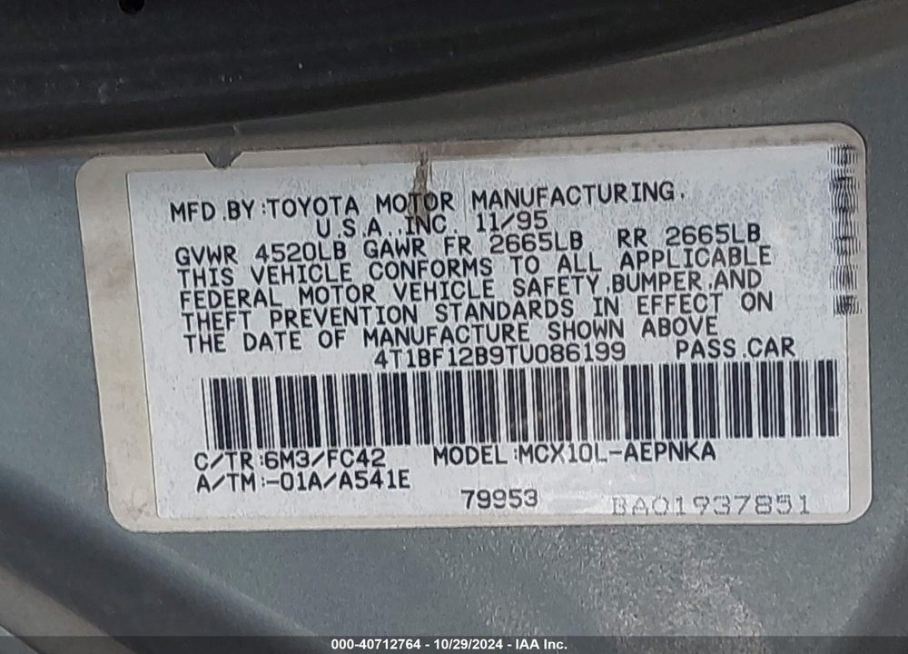 1996 TOYOTA AVALON XL/XLS VIN: 4T1BF12B9TU086199