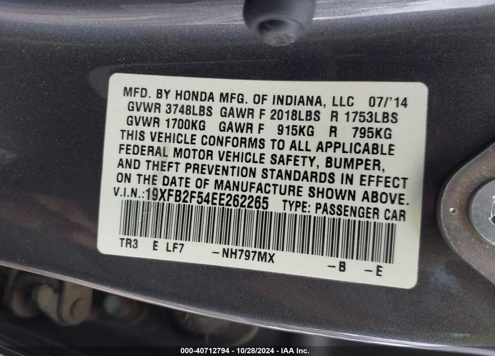 2014 HONDA CIVIC LX VIN: 19XFB2F54EE262265
