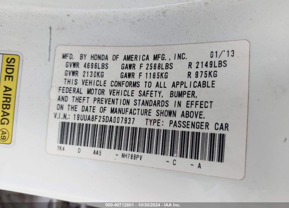 2013 ACURA TL 3.5 VIN: 19UUA8F25DA007937