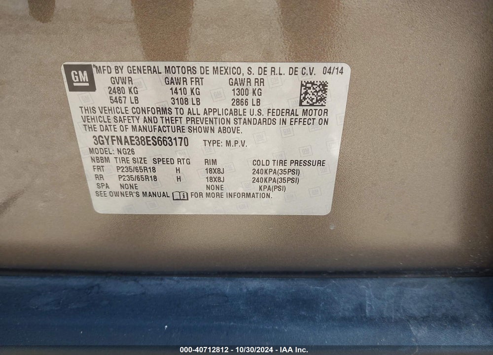 2014 CADILLAC SRX STANDARD VIN: 3GYFNAE38ES663170