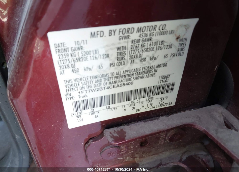 2012 FORD F250 VIN: 1FT7W2BT4CEA55400