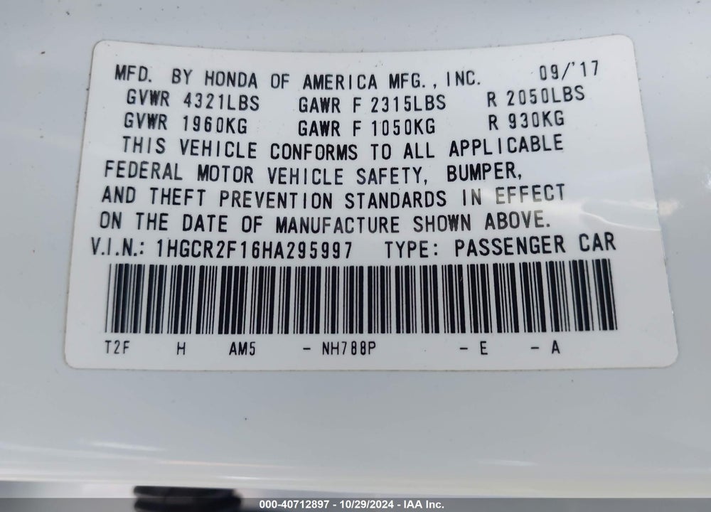 2017 HONDA ACCORD SPORT SE VIN: 1HGCR2F16HA295997
