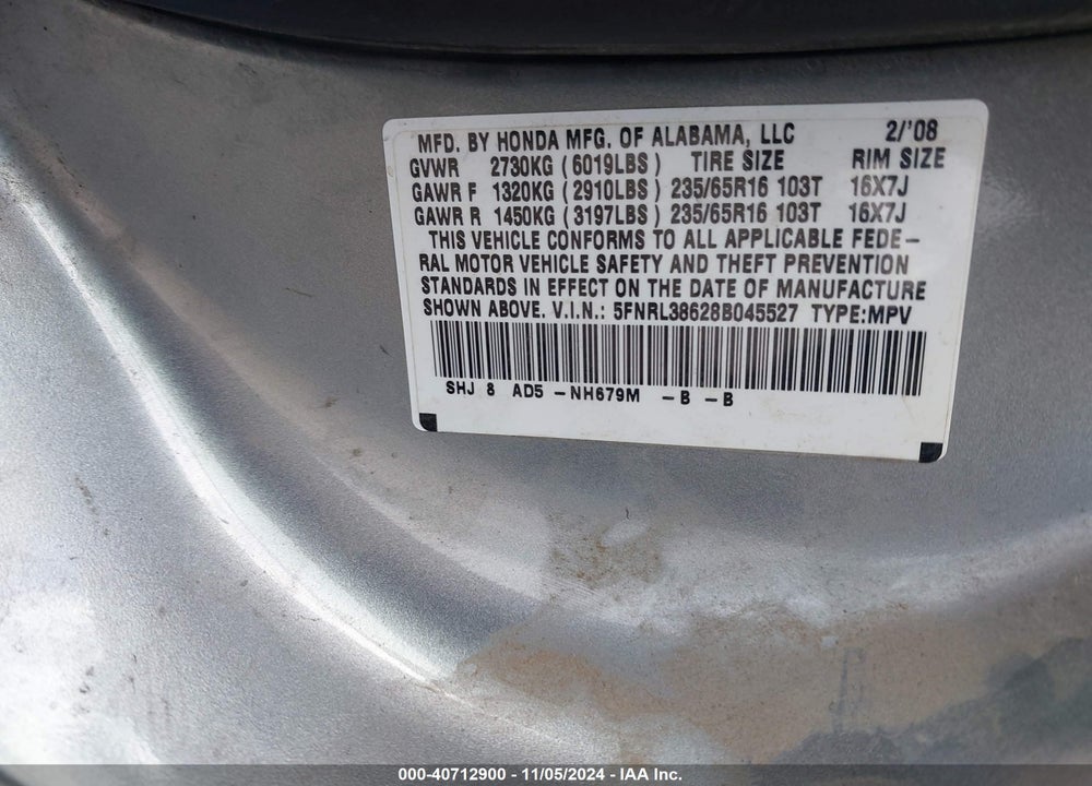 2008 HONDA ODYSSEY EX-L VIN: 5FNRL38628B045527