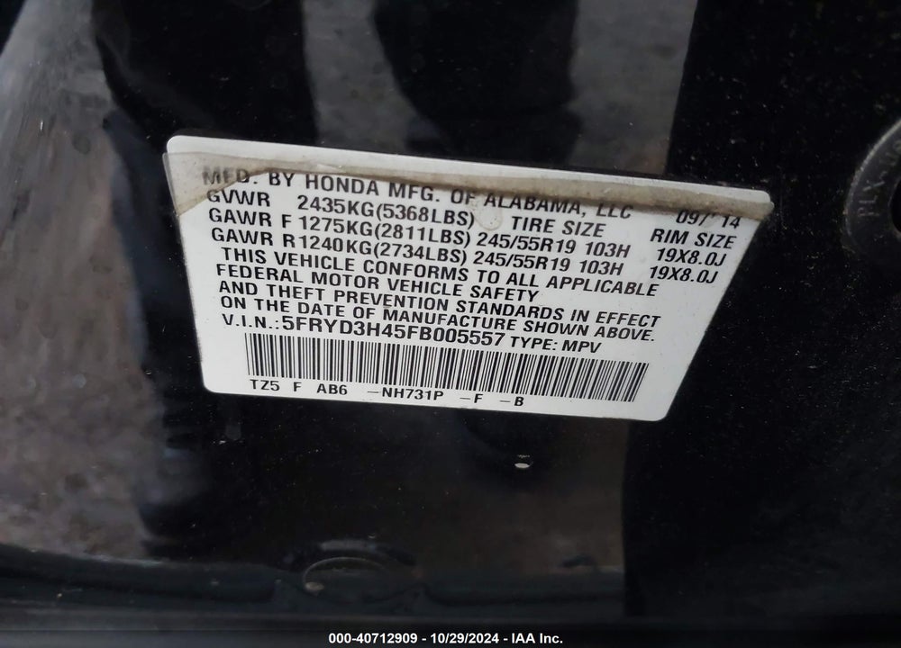 2015 ACURA MDX TECHNOLOGY PACKAGE VIN: 5FRYD3H45FB005557