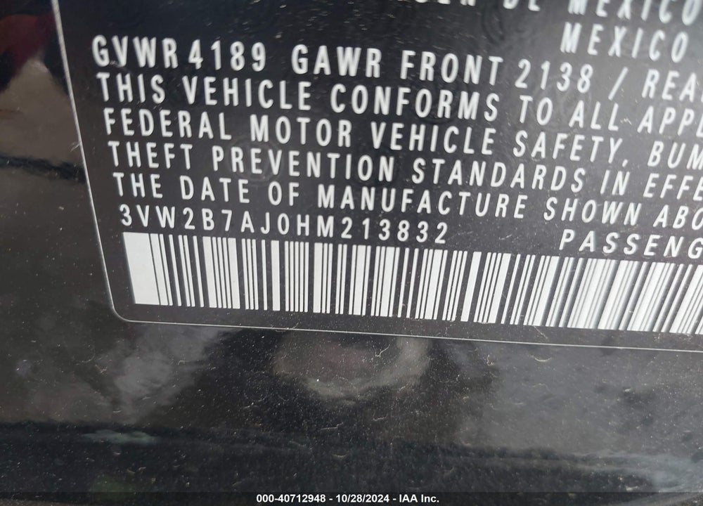 2017 VOLKSWAGEN JETTA 1.4T S VIN: 3VW2B7AJ0HM213832