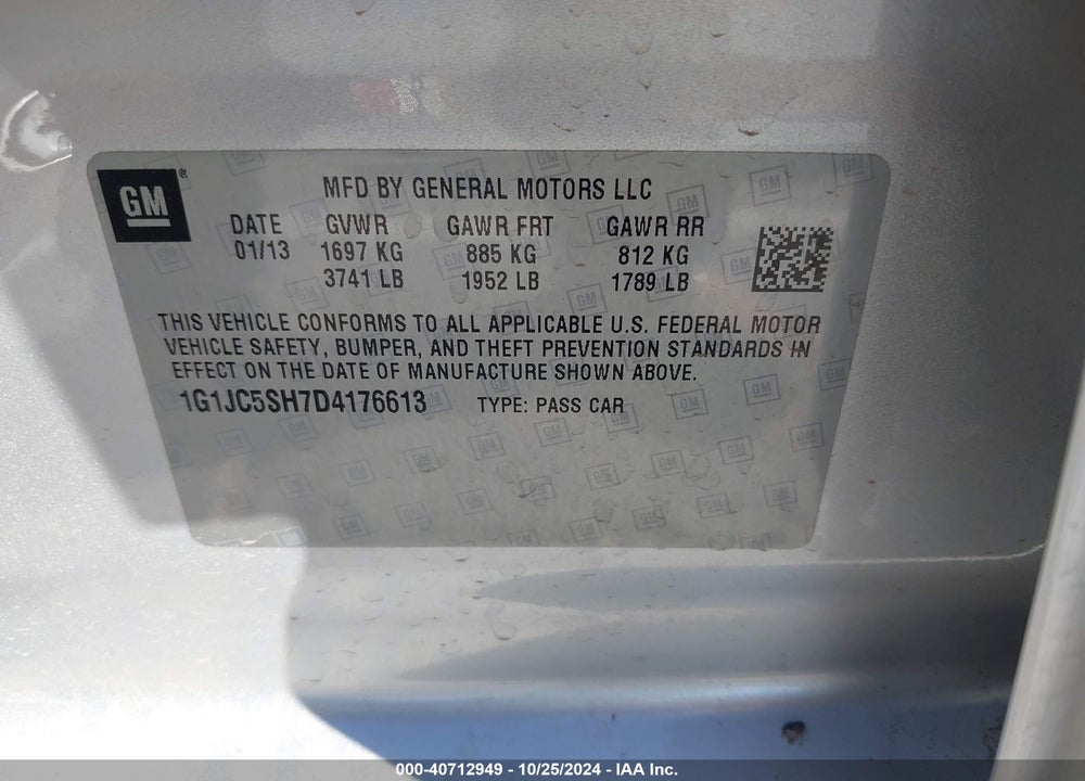 2013 CHEVROLET SONIC LT AUTO VIN: 1G1JC5SH7D4176613