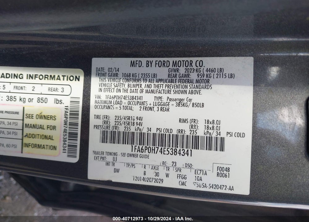 2014 FORD FUSION SE VIN: 1FA6P0H74E5384341