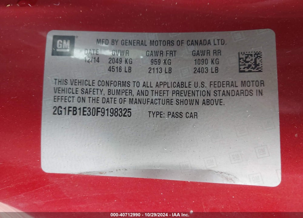 2015 CHEVROLET CAMARO 2LS VIN: 2G1FB1E30F9198325