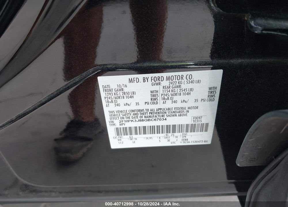 2016 FORD EDGE SEL VIN: 2FMPK3J88GBC67034