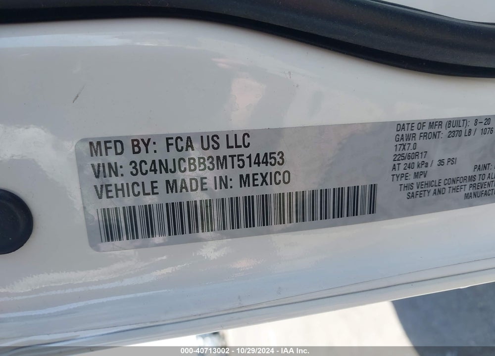 2021 JEEP COMPASS LATITUDE FWD VIN: 3C4NJCBB3MT514453