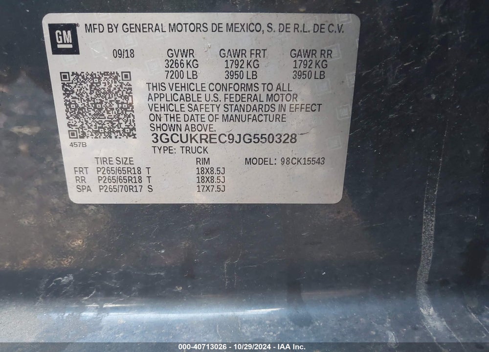 2018 CHEVROLET SILVERADO 1500 1LT VIN: 3GCUKREC9JG550328