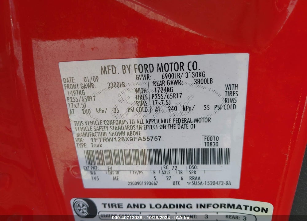 2009 FORD F-150 XL/XLT VIN: 1FTRW128X9FA55757
