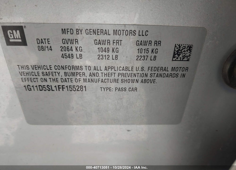 2015 CHEVROLET MALIBU 2LT VIN: 1G11D5SL1FF155281