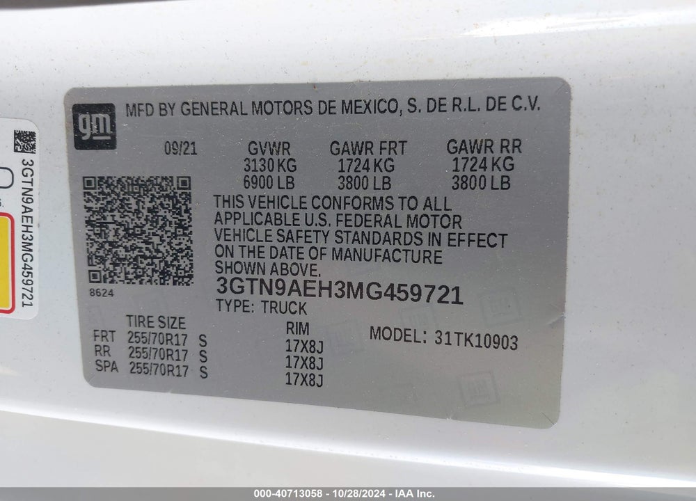 2021 GMC SIERRA 1500 4WD  LONG BOX VIN: 3GTN9AEH3MG459721