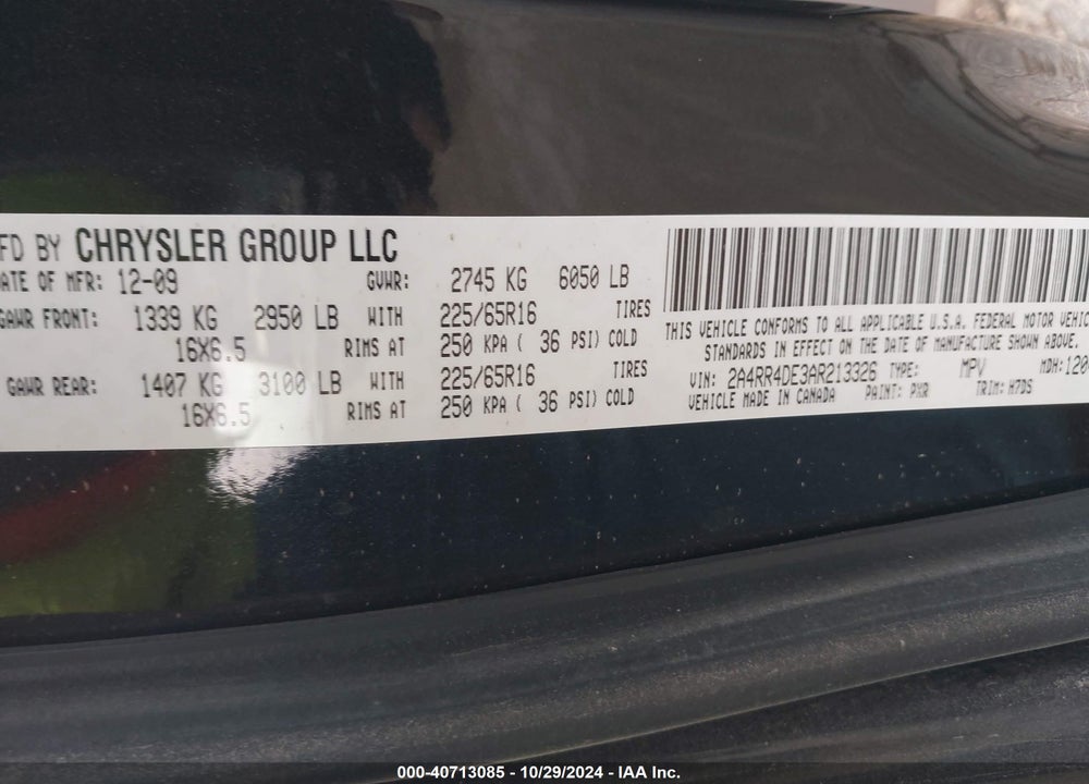 2010 CHRYSLER TOWN & COUNTRY LX VIN: 2A4RR4DE3AR213326