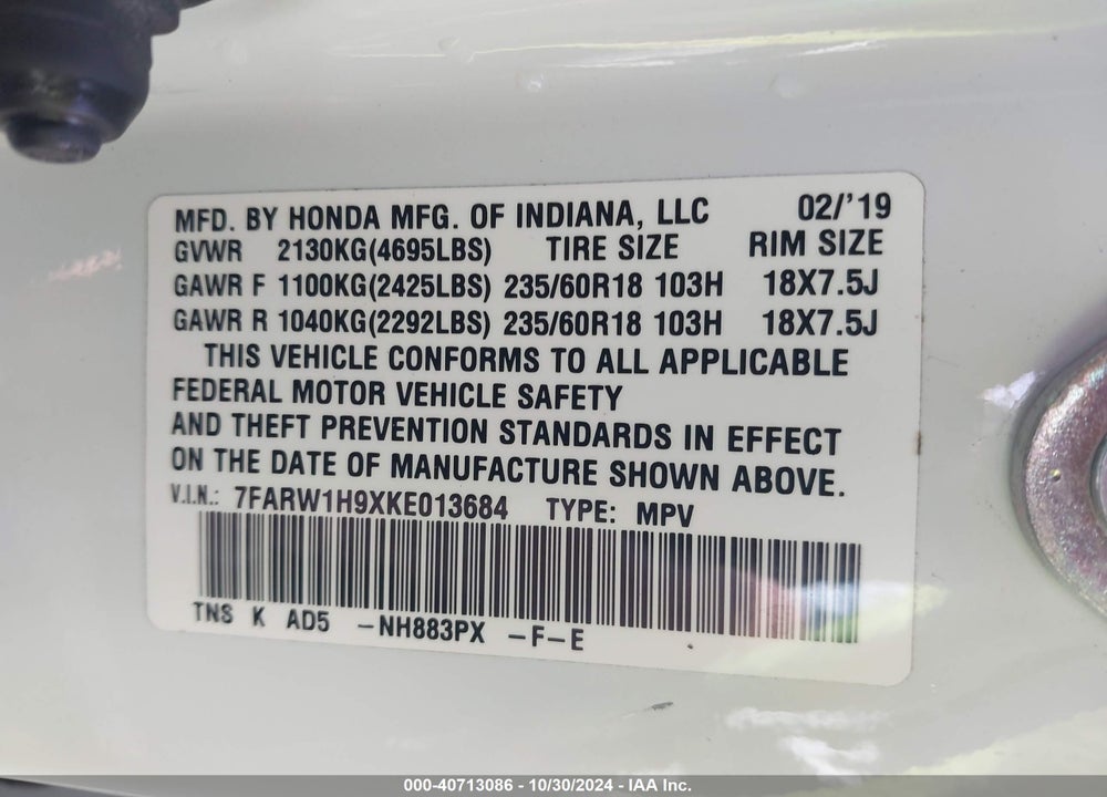 2019 HONDA CR-V TOURING VIN: 7FARW1H9XKE013684