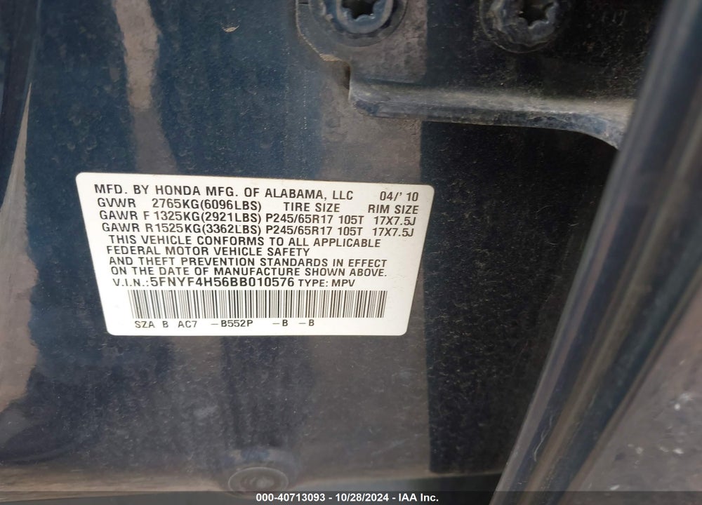 2011 HONDA PILOT EX-L VIN: 5FNYF4H56BB010576