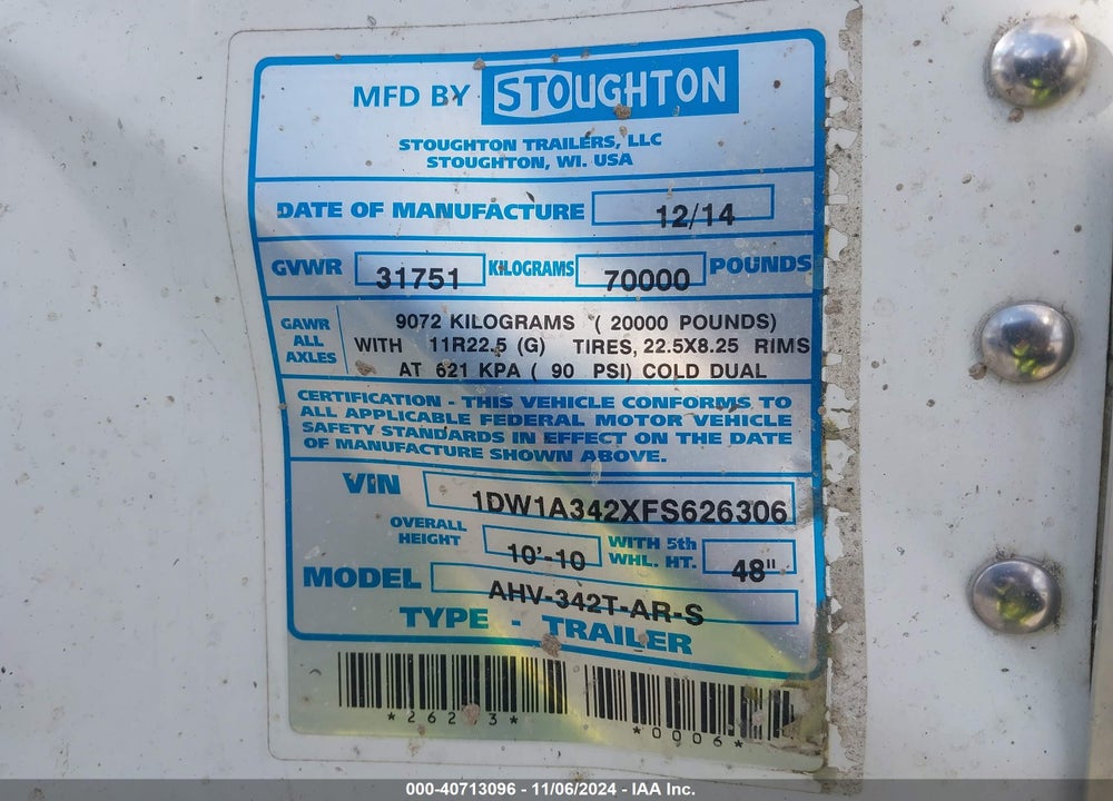 2015 STOUGHTON TRAILERS INC --- VIN: 1DW1A342XFS626306