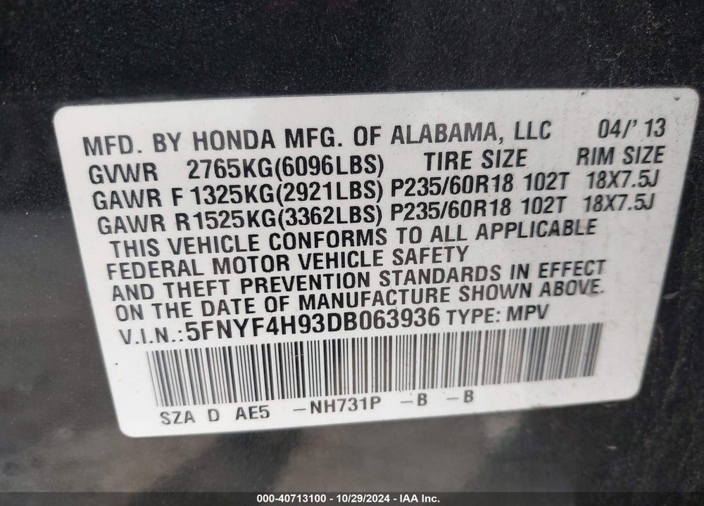 2013 HONDA PILOT TOURING VIN: 5FNYF4H93DB063936
