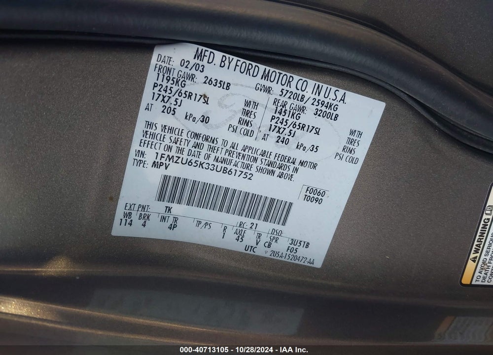 2003 FORD EXPLORER LIMITED VIN: 1FMZU65K33UB61752